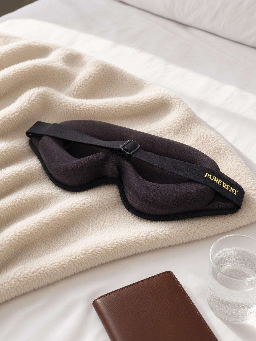 Pure Rest black 3D contour sleep mask on a cream fleece throw